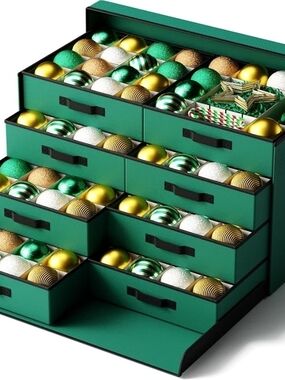 Green Holiday Ornament Storage Organizer with Drawers